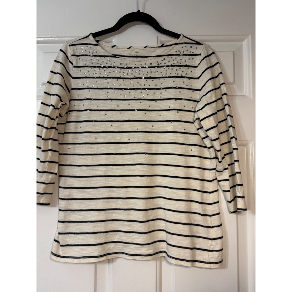 Talbots | Striped Rhinestone Embellished Top | M || Ivory Black|